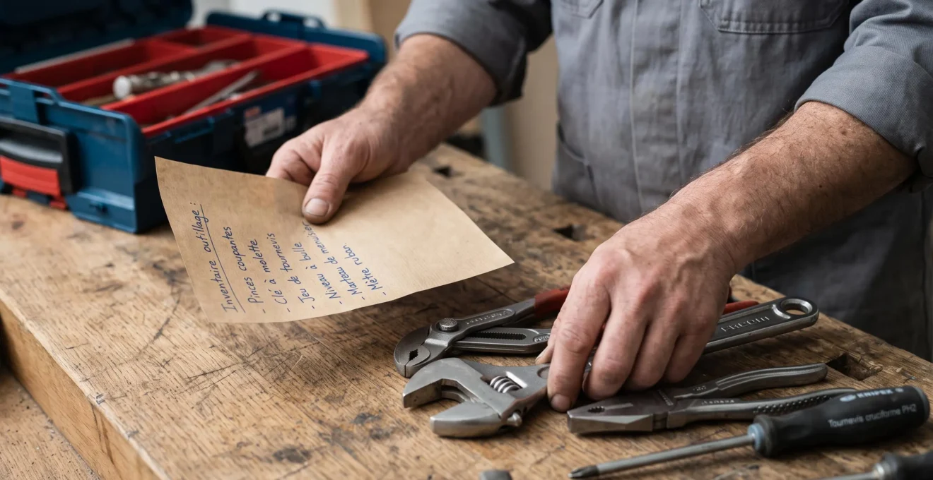 Gros plan sur mains d'artisan tenant une liste manuscrite sur papier kraft de la main gauche, sélectionnant un outil professionnel de la main droite sur un établi en bois, coffret plastique bas de gamme flou en arrière-plan