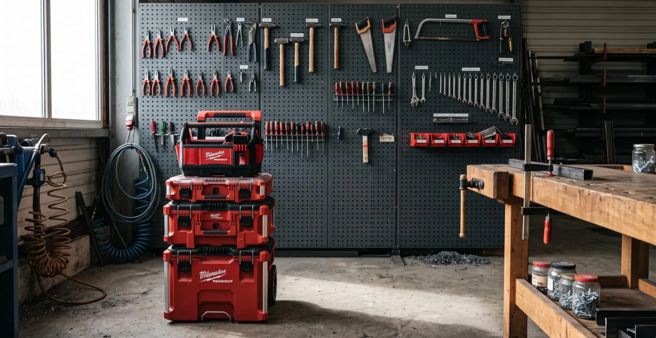 Vue d'ensemble d'un coin atelier avec panneau perforé gris anthracite au mur rempli d'outils suspendus, système modulaire empilable Milwaukee Packout rouge et noir de quatre modules au premier plan sur sol béton, établi bois massif visible à droite, lumière naturelle diffuse